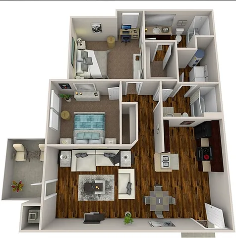 Modern 3D floor plan showcasing two spacious bedrooms, contemporary kitchen, open living area, and two elegant bathrooms, totaling 1001 sq ft, perfect for stylish living.