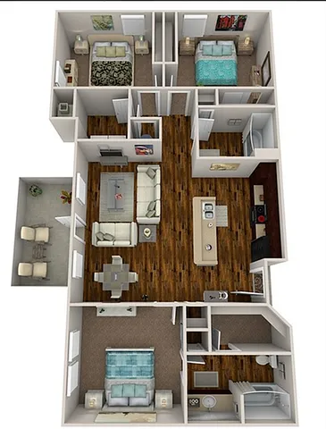 3D floor plan of spacious apartment layout with 3 bedrooms, 2 baths, open-concept living area, modern kitchen, and cozy balcony, 1198 sq ft.