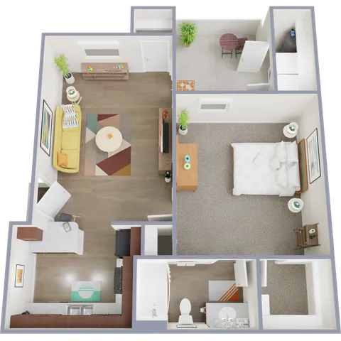 Chic 1-bedroom apartment floor plan featuring an open living area and modern kitchen.
