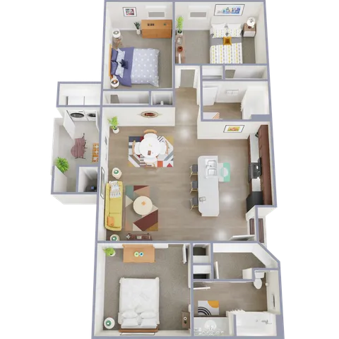 Spacious 3D floor plan showcasing 3 bedrooms, open kitchen, dining area, and cozy living room.