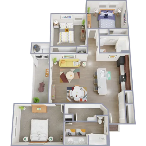 3D apartment floor plan highlighting three bedrooms, modern kitchen, and open living space.