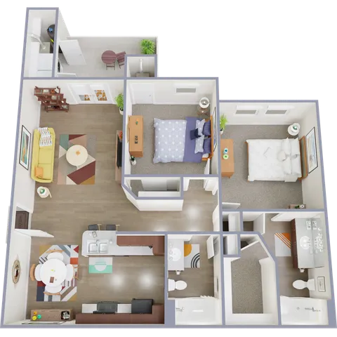 Three-bedroom apartment floor plan with open living area and modern kitchen.