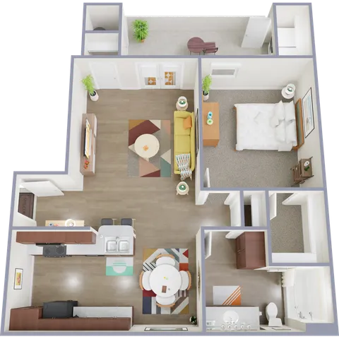Stylish 3D floor plan of a chic apartment featuring a cozy bedroom, an open living area, and a modern kitchen.