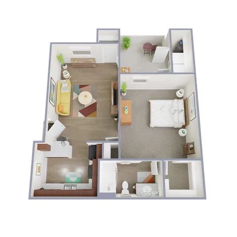 Modern apartment floor plan showcasing an open living area with a colorful rug, a cozy bedroom, efficient kitchen, and a well-appointed bathroom.