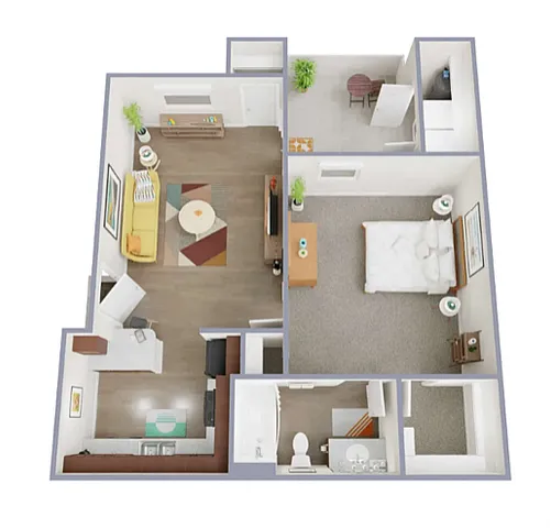 Modern A1 floor plan with 1 bedroom, 1 bathroom, spacious living area, and functional kitchen. Cozy layout in 617 sq ft.