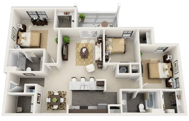 Inviting apartment floor plan showcasing 3 bedrooms, a modern kitchen with island, elegant living area, and private balcony.