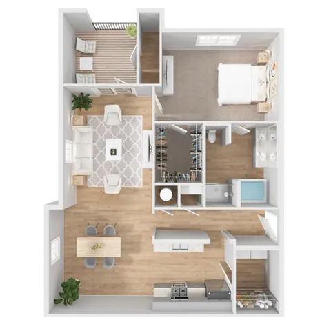 Chic open-concept floor plan with one bedroom, spacious kitchen, stylish living and dining area, large bathroom, and cozy balcony.