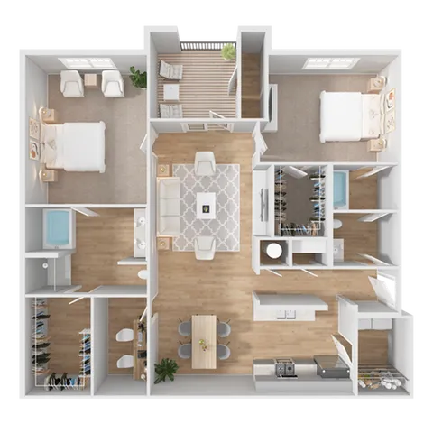 Elegant 2D floor plan highlighting 2 spacious bedrooms, a modern kitchen, open living area, 2 bathrooms, and a cozy balcony.