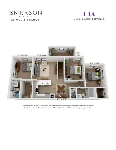 Modern 3D floor plan of Emerson at Wells Branch featuring 3 bedrooms, 2 bathrooms, spacious open-concept living and dining area, and a stylish kitchen, covering 1,319 sq. ft.
