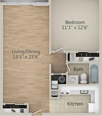 Modern floor plan showcasing a 1-bedroom apartment with an open living/dining area, efficient kitchen, cozy bath, and private patio/balcony.
