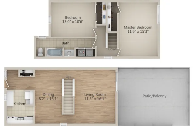Chic two-level floor plan featuring a spacious master bedroom, cozy additional bedroom, elegant dining and living areas, modern kitchen, and a generous patio/balcony.