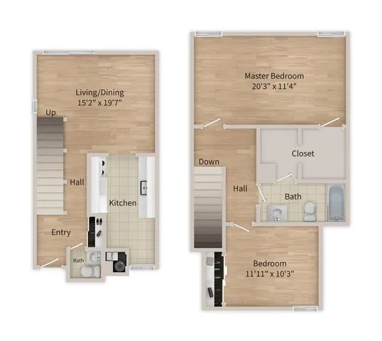 Modern floor plan featuring two levels with a spacious living/dining area, kitchen, and bathroom on the lower level, and a master bedroom with en-suite bathroom and additional bedroom upstairs.