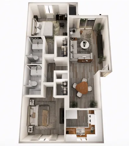 Modern apartment layout featuring two cozy bedrooms, stylish open-plan living and dining area, contemporary kitchen, and two sleek bathrooms.