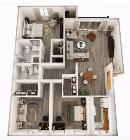Modern 3D apartment floor plan showcasing 3 bedrooms, cozy living area with balcony access, dining space, and a sleek kitchen design.
