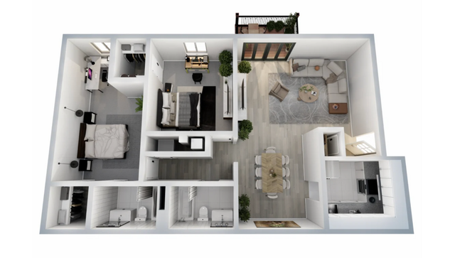 Modern 3D floor plan showcasing two bedrooms, a cozy living area with balcony access, elegant dining space, and a sleek kitchen.