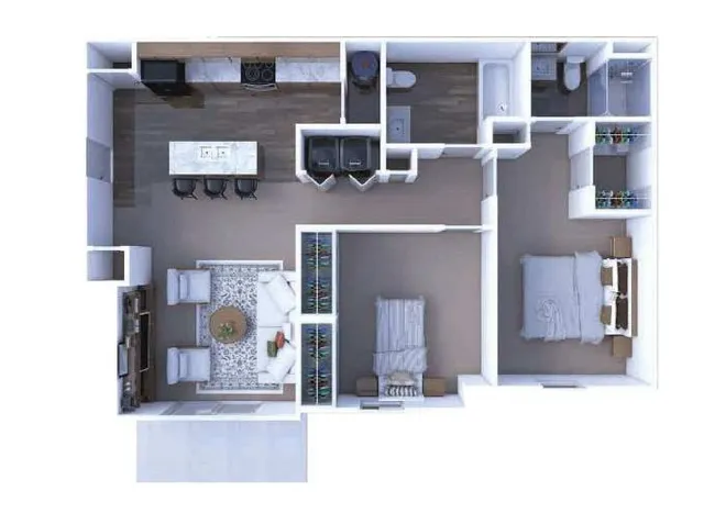 The Sandusky floor plan with 2 bedrooms, 2 bathrooms, open-concept living area, and modern kitchen, totaling 957 sq ft.