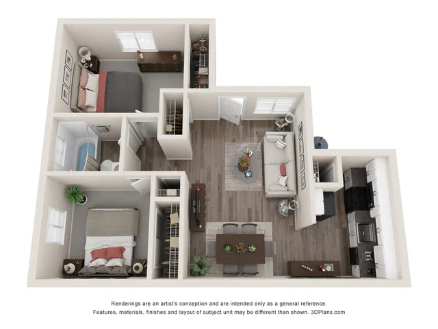 Charming 3D floor plan showcasing two cozy bedrooms, open-concept living and dining area, modern kitchen, and inviting bathroom.