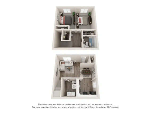 Charming multi-level floor plan showcasing a modern 2-bedroom layout with spacious living room, sleek kitchen, and cozy bedrooms.