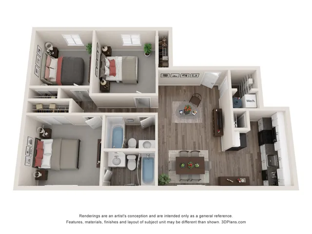 Modern 3D floor plan featuring two spacious bedrooms, a cozy living area, stylish kitchen, and two bathrooms, offering a perfect balance of comfort and functionality.