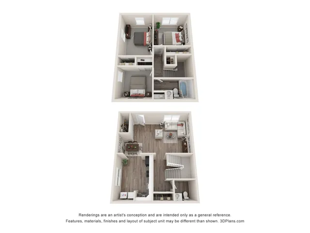 Charming 3D floor plan showcasing two-story layout with two cozy bedrooms, modern kitchen, and inviting living area.
