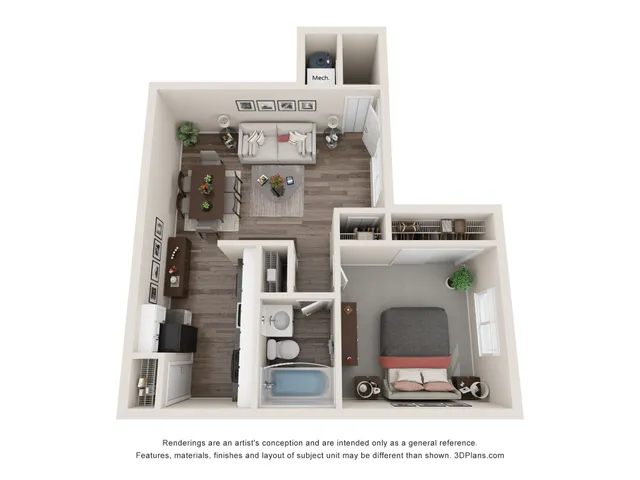 Charming 3D floor plan of a cozy apartment featuring one bedroom, an inviting open-concept living room, a dining area, a well-appointed kitchen, and a modern bathroom.