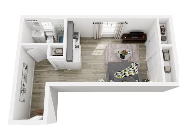 Chic 3D apartment layout featuring a cozy living area, compact kitchen, and modern bathroom.