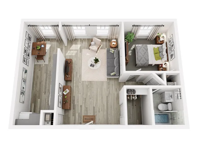 Modern 3D floor plan showcasing a cozy one-bedroom apartment with a stylish open-concept living area, dining space, and a sleek bathroom.