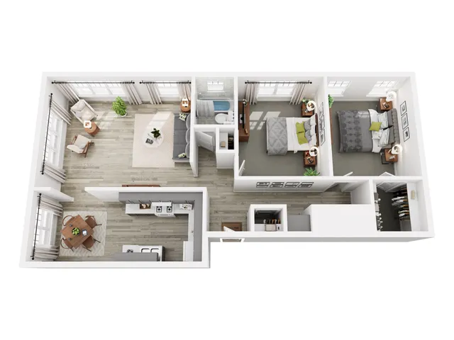 Modern 3D floor plan showcasing a 2-bedroom apartment with a cozy living room, sleek kitchen, and elegant dining area, designed for comfortable living.