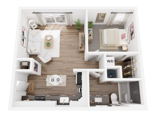Charming 3D floor plan showcasing a cozy 1-bedroom apartment with a modern kitchen, inviting living room, and elegant bathroom, complete with in-unit laundry facilities.