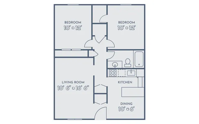 Inviting floor plan featuring two spacious 10x12 bedrooms, a large 10\'6 x 16\'6 living room, and an efficient kitchen-dining area.