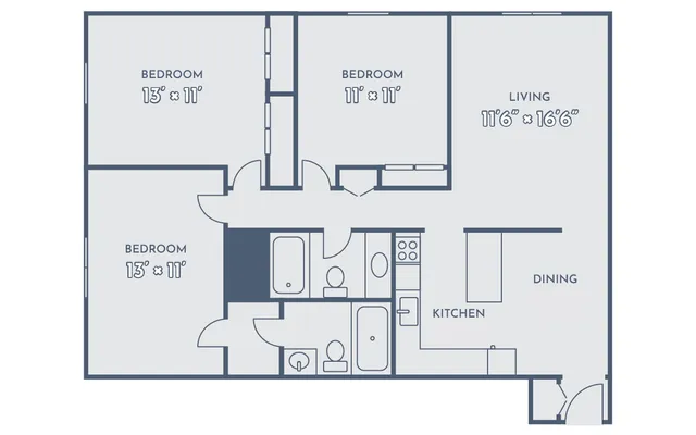 Modern 2D floor plan showcasing three bedrooms, a spacious living area, and an efficient kitchen design.