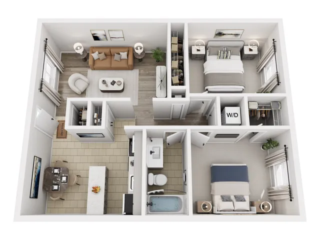 Modern 2D floor plan with two spacious bedrooms, a stylish open-concept living and dining area, sleek kitchen, and convenient bathroom layout.