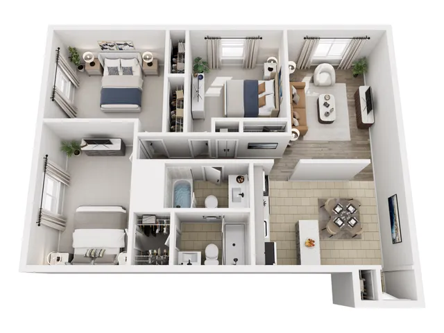 Elegant 3D floor plan showcasing a chic apartment with 2 bedrooms, cozy living room, modern kitchen, and stylish bathroom.