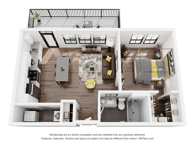 Modern open-concept apartment featuring a cozy bedroom, stylish living room with balcony access, and a sleek kitchen with an island.