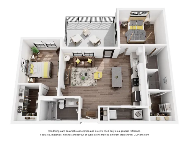 Elegant 3D floor plan showcasing a stylish two-bedroom apartment with balcony, open-concept living area, modern kitchen, and luxurious bathroom.
