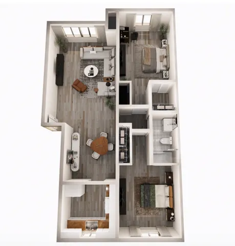 Modern 3D floor plan showcasing two bedrooms, elegant open-concept living space, and a sleek kitchen design.