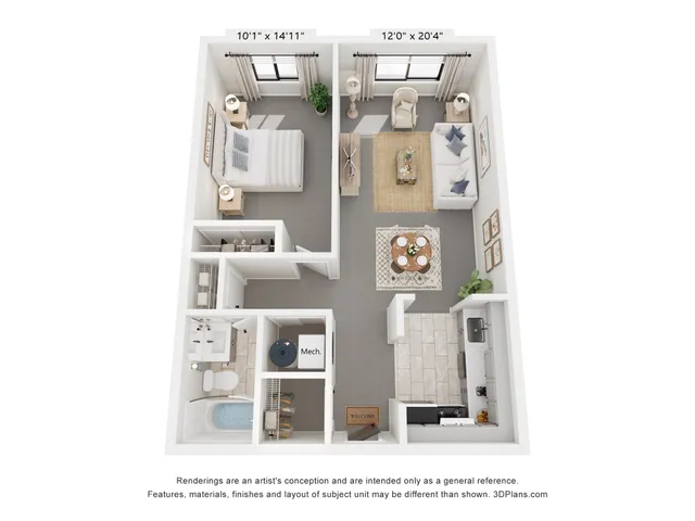 Modern apartment floor plan showcasing a spacious one-bedroom layout with an open living-dining area, stylish kitchen, and elegant bathroom.