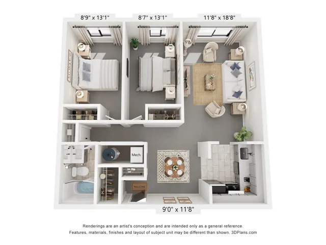 Contemporary floor plan showcasing 2 spacious bedrooms, open living and dining area, and modern kitchen. Includes a cozy bathroom and mechanical room, enhancing convenience and style.