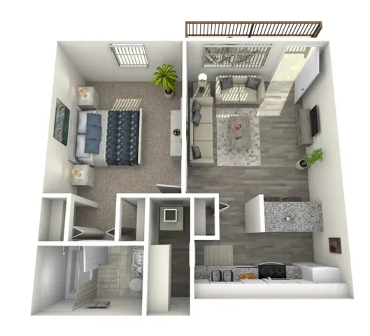 Inviting 3D floor plan showcasing a cozy one-bedroom apartment with an open-plan living area and a modern kitchen. Features a stylish living room, elegant bedroom, and compact bathroom.