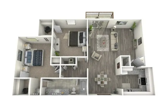 Modern 3D floor plan featuring 2 cozy bedrooms, spacious living area, elegant dining space, and a well-equipped kitchen, perfect for comfortable living.