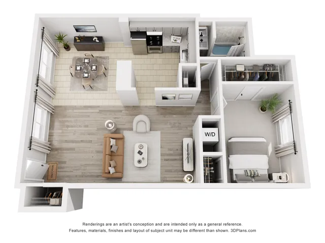 Modern open-layout floor plan featuring a cozy bedroom, stylish living area, sleek kitchen, dining space, and convenient washer/dryer unit.