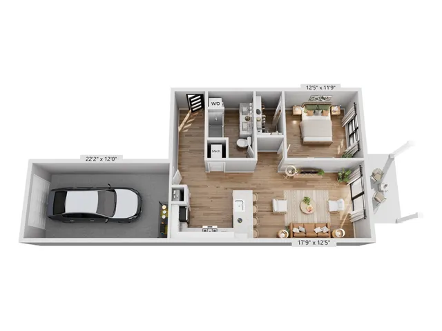 Modern floor plan with one bedroom, bathroom, open-concept kitchen and living area, and attached garage; perfect blend of comfort and style.