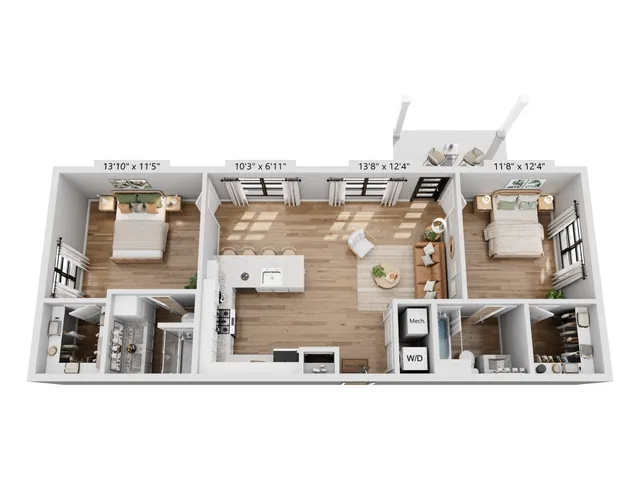 Modern 3D floor plan showcasing a spacious 2-bedroom apartment with an open-concept kitchen and living area, elegant bathrooms, and a cozy balcony.