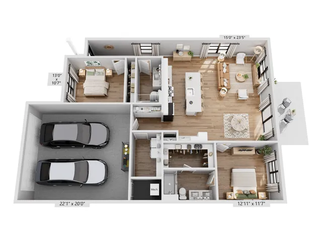 Contemporary floor plan showcasing two bedrooms, spacious open-concept kitchen and living area, plus a two-car garage. Ideal for modern living with ample natural light and functional design.