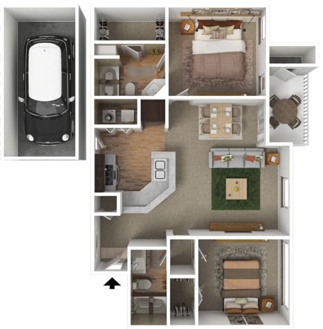 Two Bedroom | Two Bathroom | 1005 sqft | Garage |Patio/Balcony | Full-Size Washer/Dryer Connections | Open Kitchen