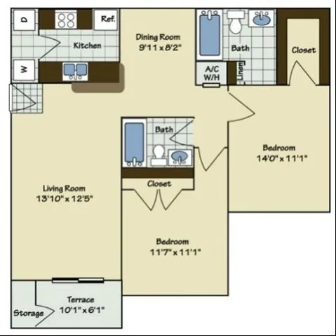 2 Bedroom | 2 Bath | 960 SF