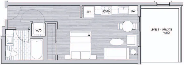 Contemporary apartment floor plan with one bedroom, kitchen, and private patio.