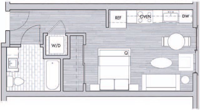 Charming studio floor plan featuring open layout with kitchen, living space, and full bathroom.