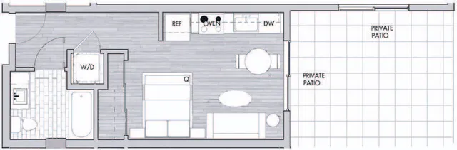 Elegant apartment floor plan showing an open living area, kitchen, bedroom, bathroom, and private patio.