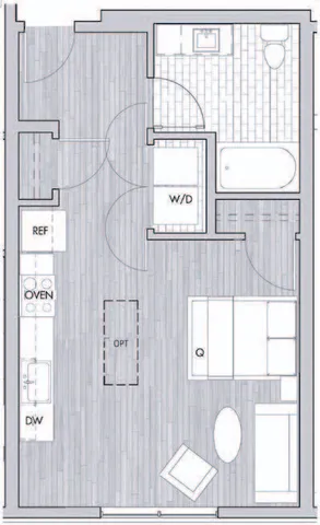 Chic apartment floor plan with open-concept kitchen, spacious living area, and cozy bedroom.